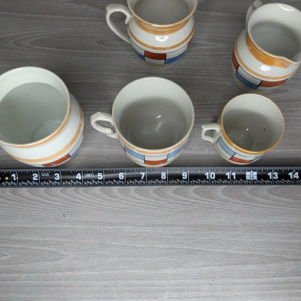 Vintage Czechoslovakia Geometric Ceramic Lusterware Cups & Small Pitcher 5 Piece